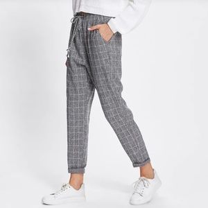 Rolled Hem Drawstring Plaid Pants